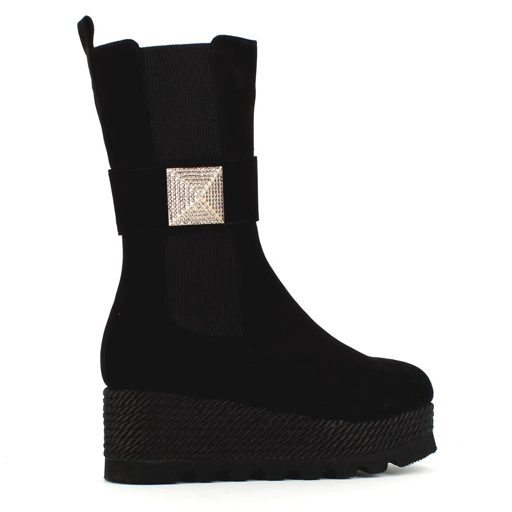 Poletto Mid Calf Elasticated Wedge Boot Black