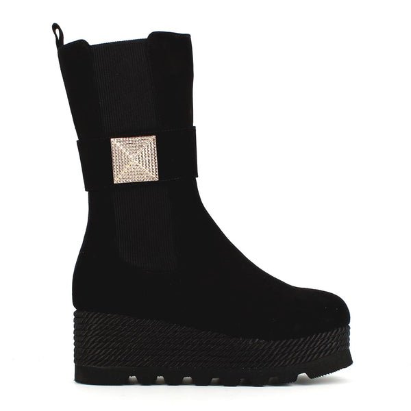 Poletto Mid Calf Elasticated Wedge Boot Black