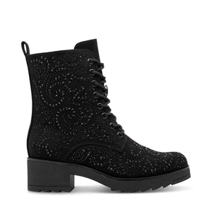 Black lace-up boot with embellishments on a white background
