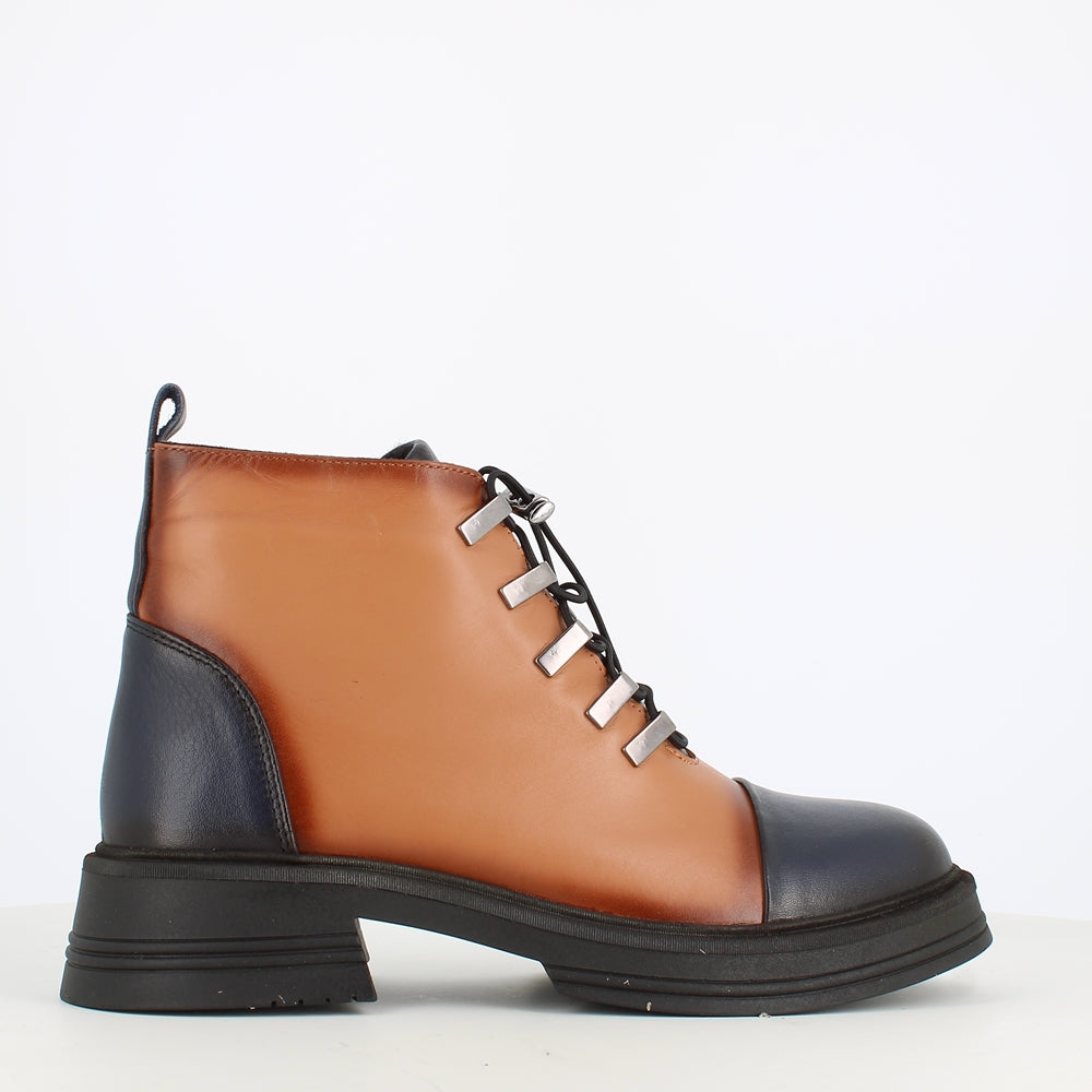 Cinders Edit Laced Leather Ankle Boot Black Navy Tan