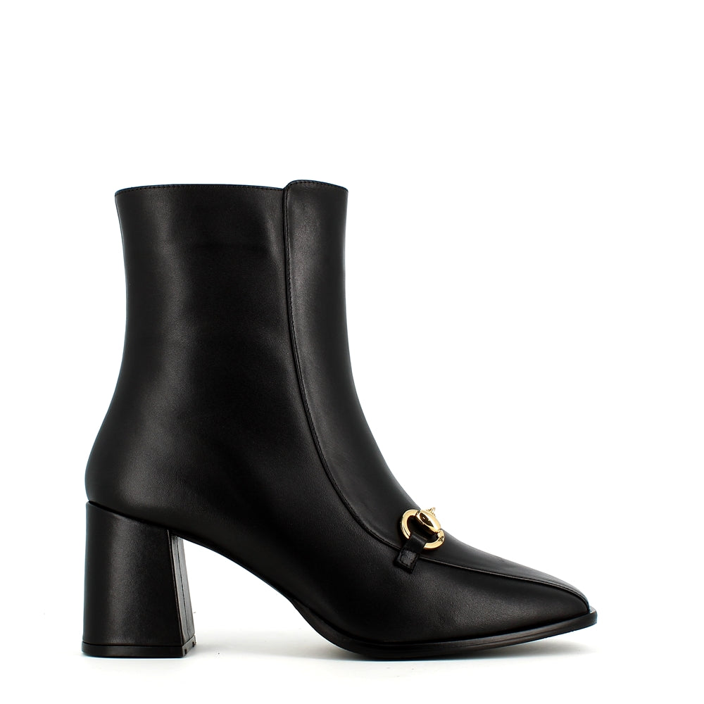 Poletto Leather Ankle Boot Gold Buckle Black