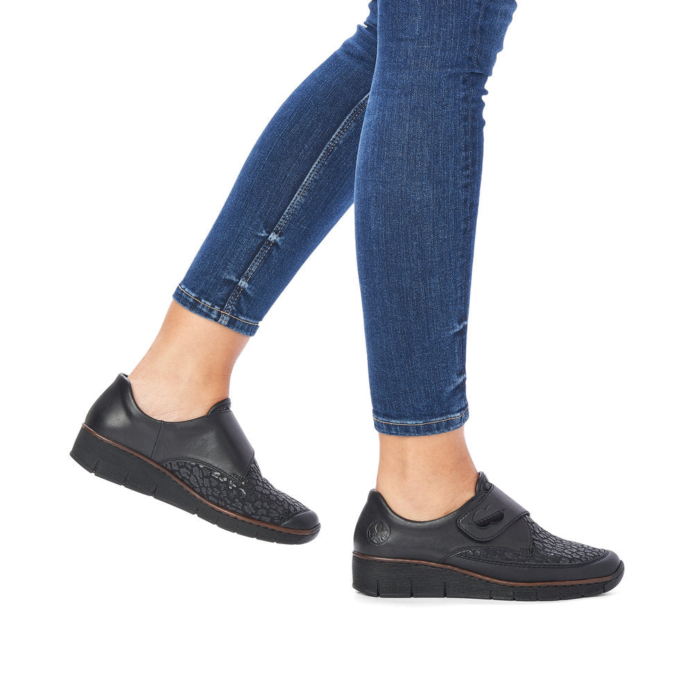 Rieker Classic Low Wedge with Velcro Strap Black