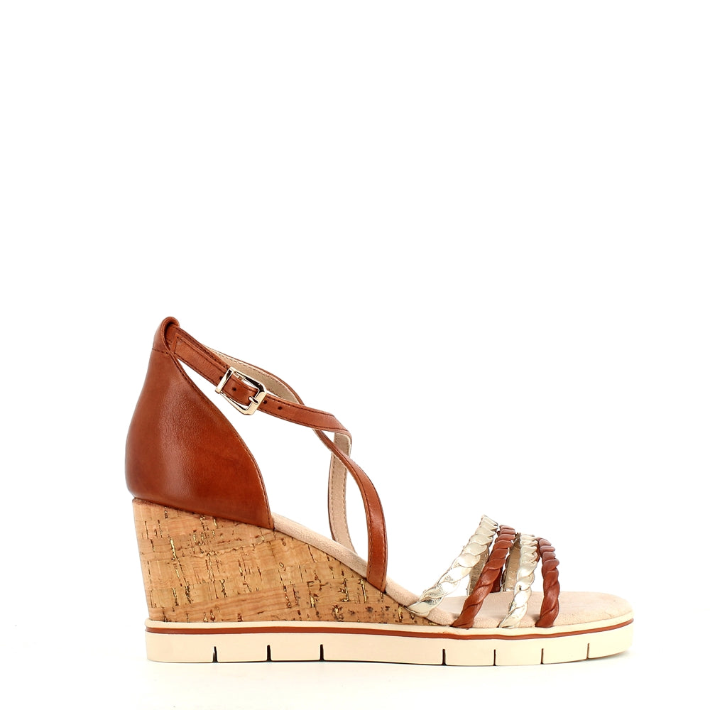 Caprice Strappy Wedge Sandal Cognac/Gold