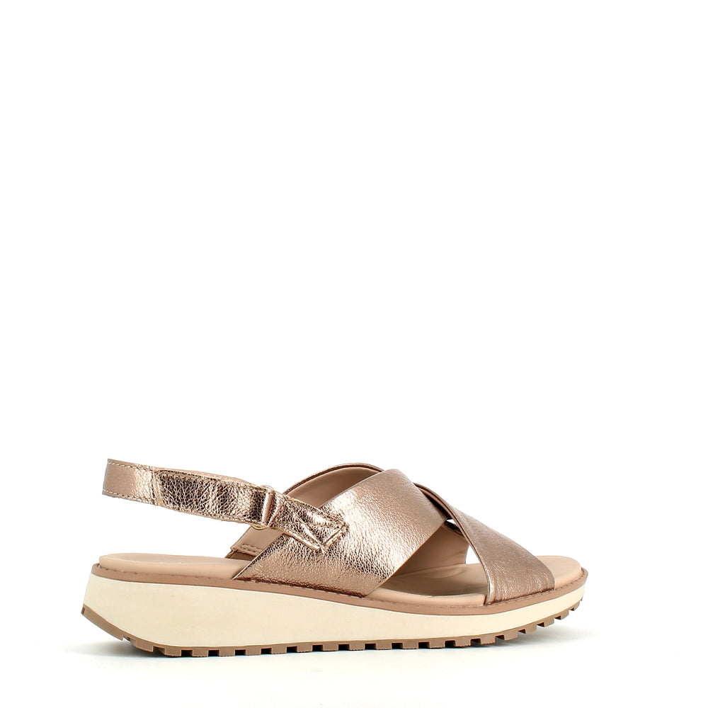 Caprice Low Wedge Criss Sandal Taupe Metal – Cinders Shoe Heaven