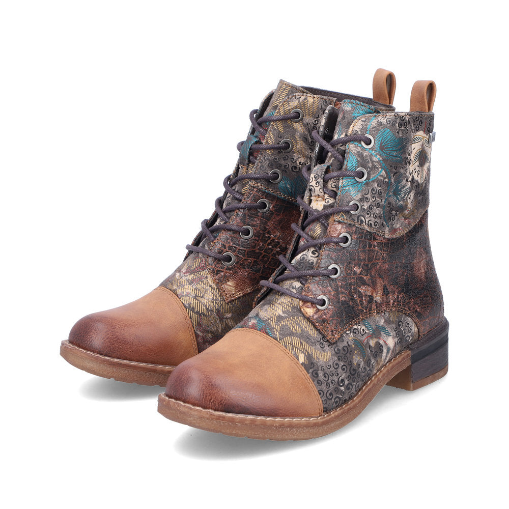 Rieker Laced Ankle Boots Floral Tan Multi