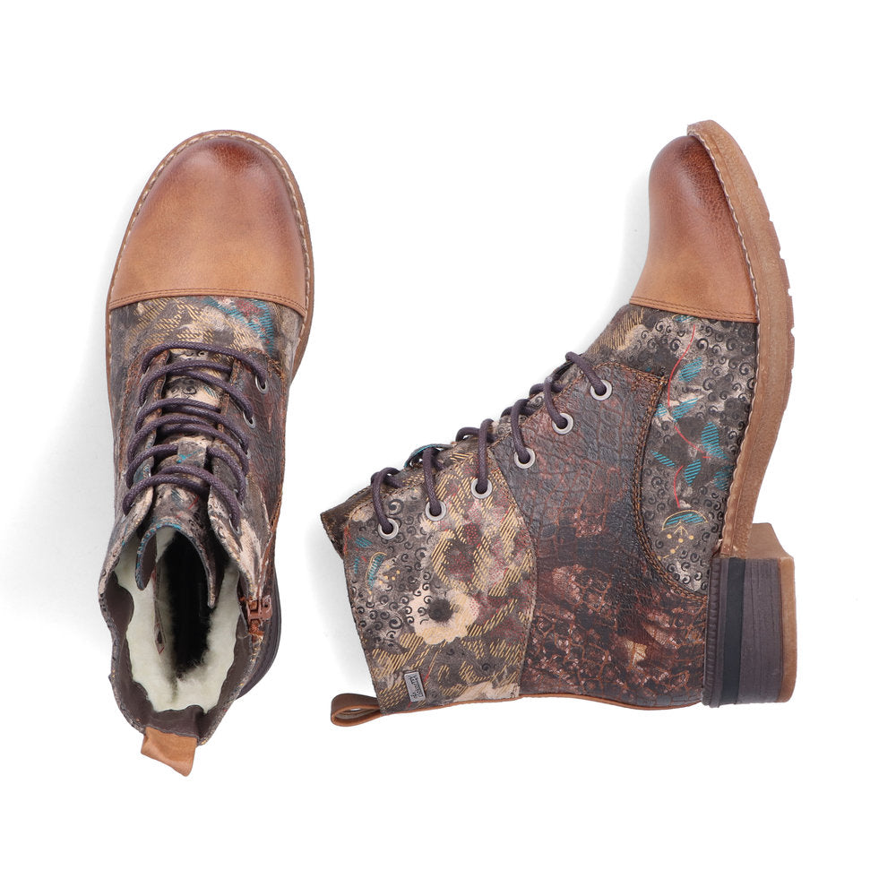 Rieker Laced Ankle Boots Floral Tan Multi