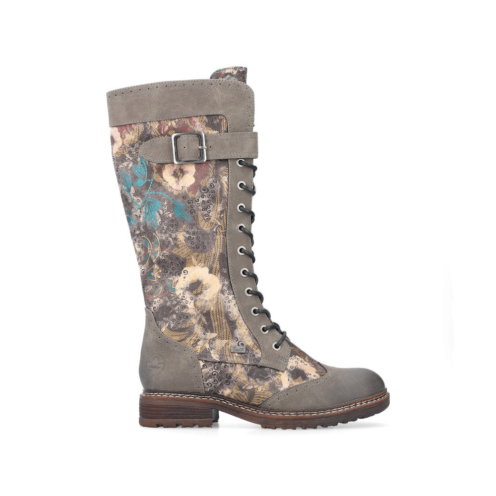 Rieker Laced Knee High Boot Taupe Floral Cinders Shoe Heaven