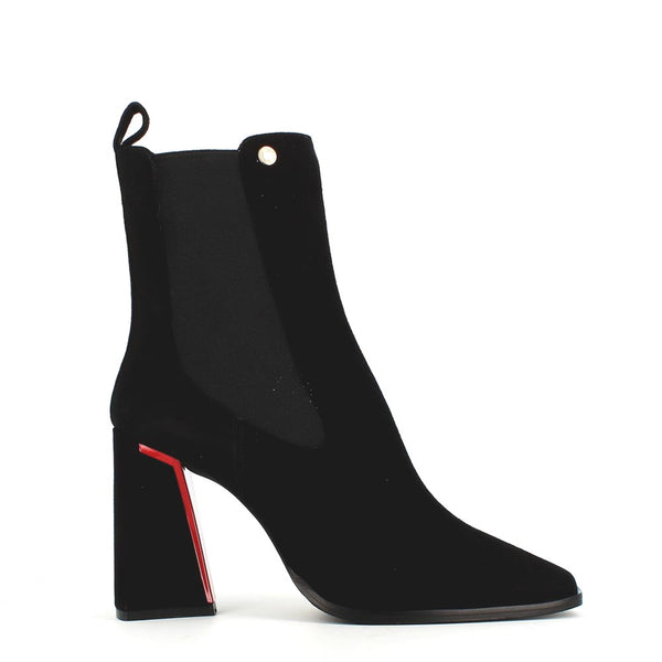 Poletto Suede Ankle Boot with Red Trim Black