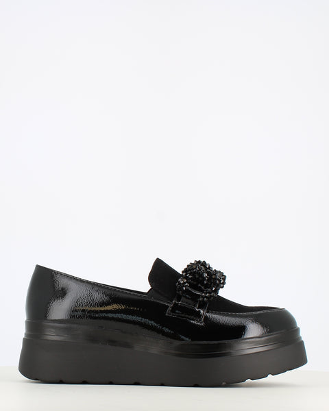 Cinders Edit Wedge Patent Jet Trim Loafer Black