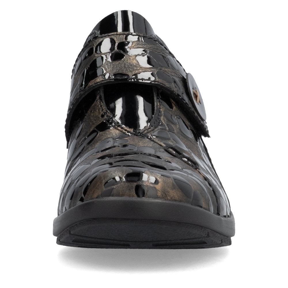 Rieker Velcro Wedge Shoe Black/Bronze Patent Comb