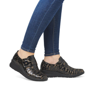 Rieker Velcro Wedge Shoe Black/Bronze Patent Comb