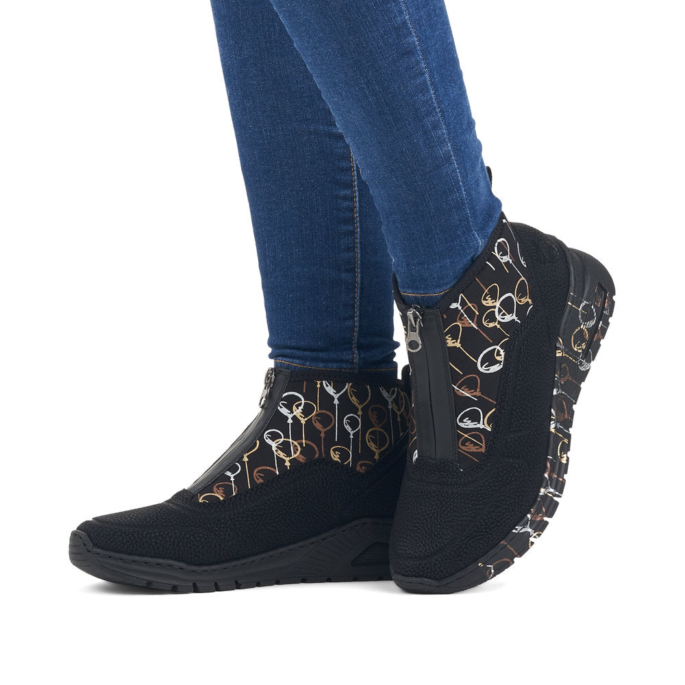 Rieker Stretch Patterned Low Wedge Ankle Boot Black