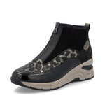 Rieker Front Zipper Ankle Boot Black Gold Leopard