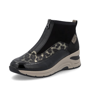 Rieker Front Zipper Ankle Boot Black Gold Leopard