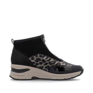 Rieker Front Zipper Ankle Boot Black Gold Leopard