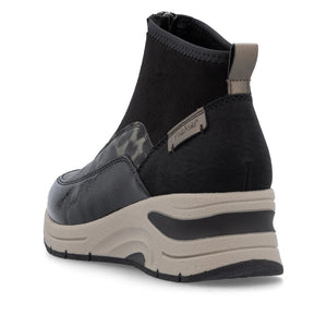 Rieker Front Zipper Ankle Boot Black Gold Leopard
