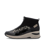 Rieker Front Zipper Ankle Boot Black Gold Leopard