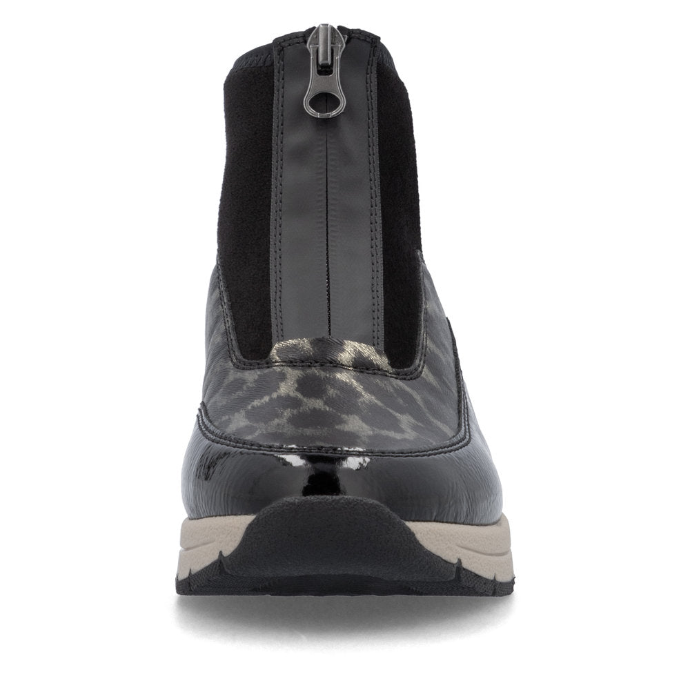 Rieker Front Zipper Ankle Boot Black Gold Leopard