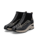 Rieker Front Zipper Ankle Boot Black Gold Leopard
