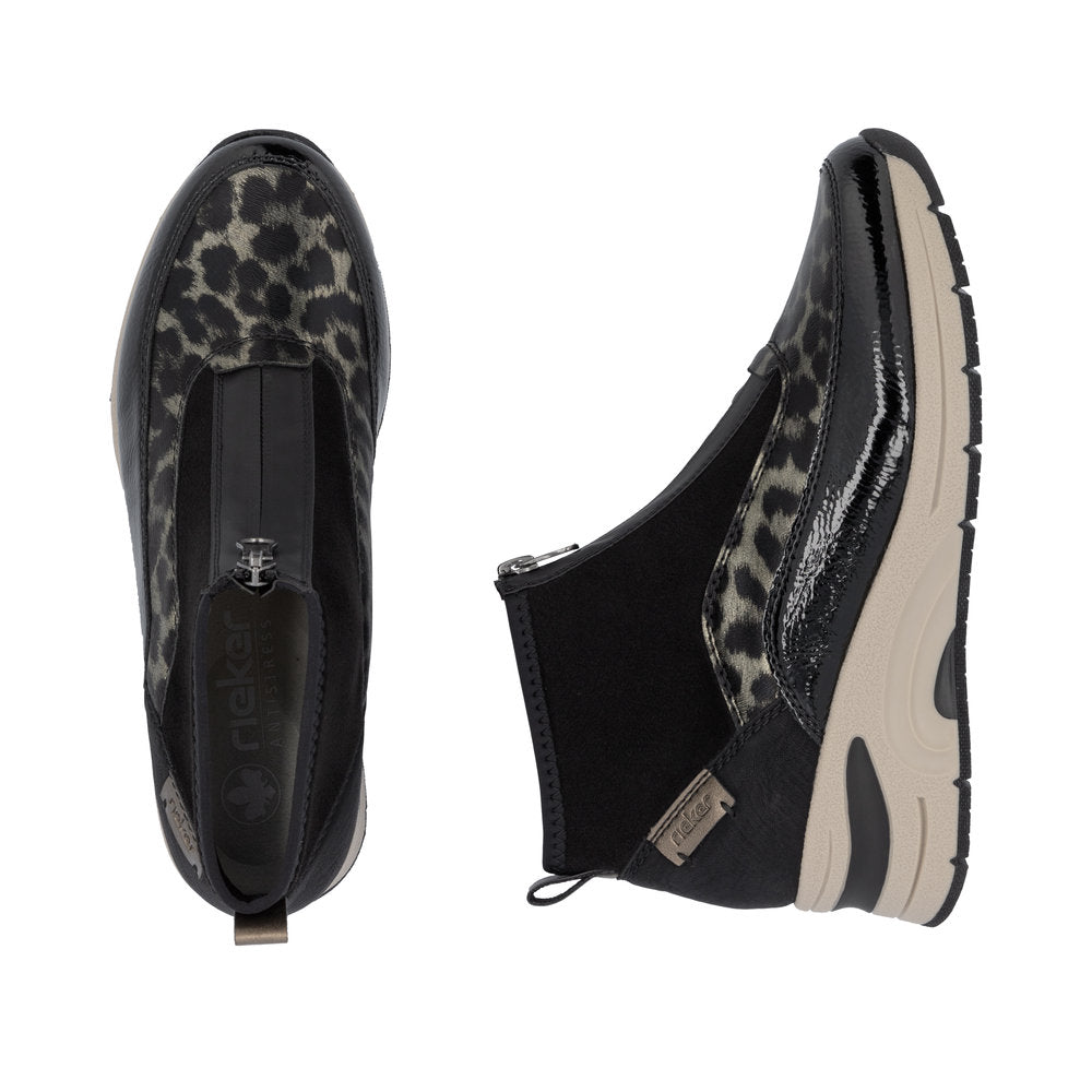 Rieker Front Zipper Ankle Boot Black Gold Leopard