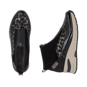Rieker Front Zipper Ankle Boot Black Gold Leopard