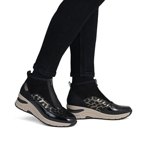 Rieker Front Zipper Ankle Boot Black Gold Leopard