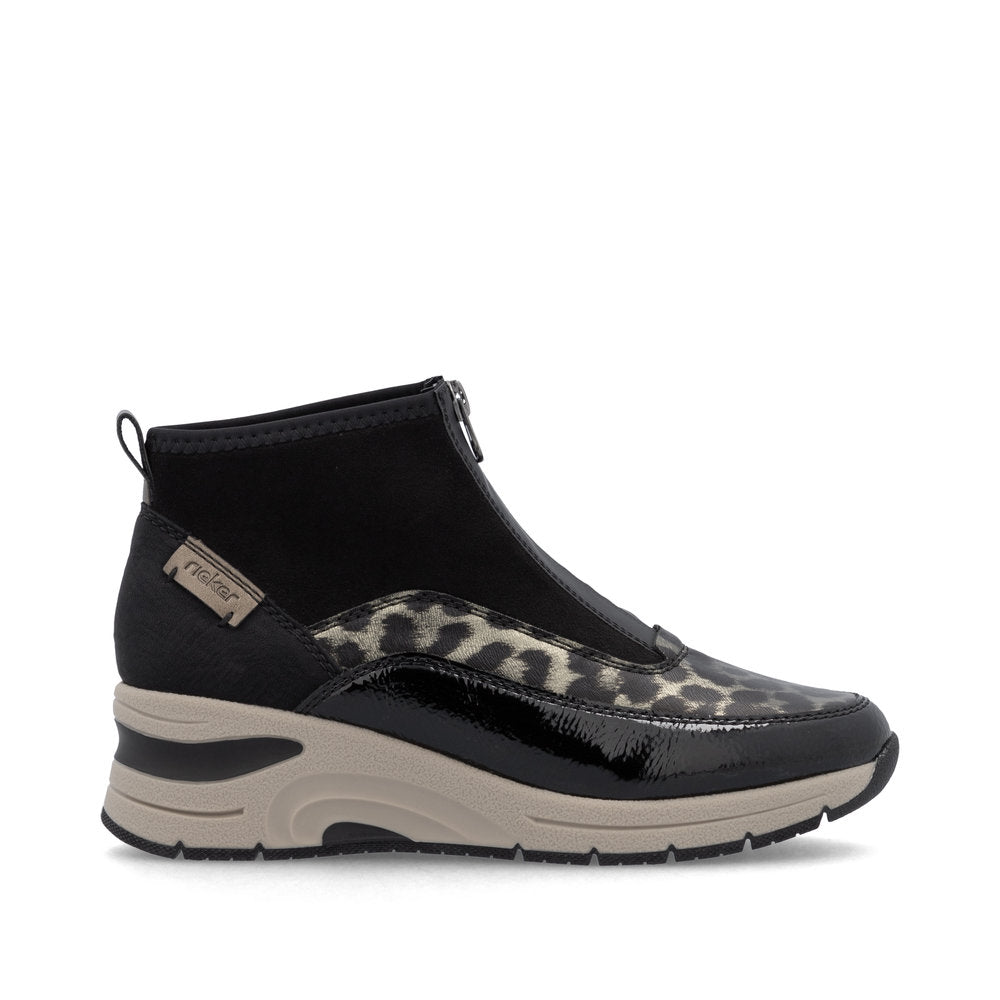 Rieker Front Zipper Ankle Boot Black Gold Leopard