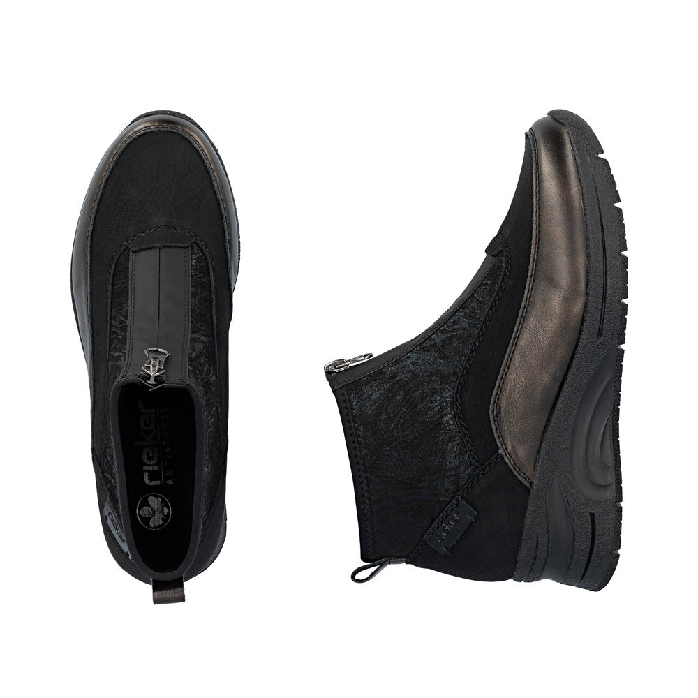 Rieker Front Zipper Ankle Boot Black Old Silver