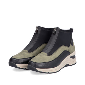 Rieker Wedge Front Zipper Ankle Boot Green/Black