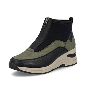 Rieker Wedge Front Zipper Ankle Boot Green/Black