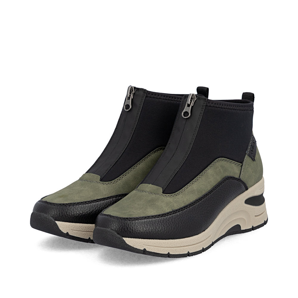 Rieker Wedge Front Zipper Ankle Boot Green/Black