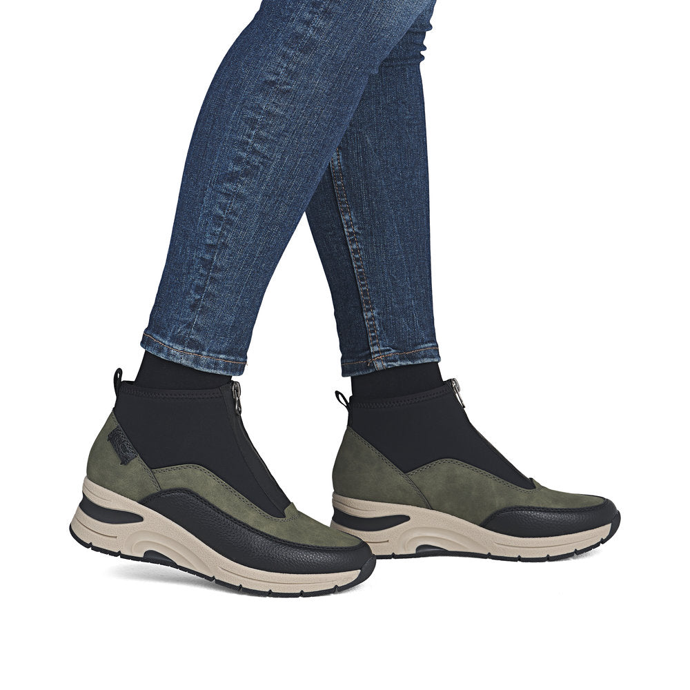 Rieker Wedge Front Zipper Ankle Boot Green/Black