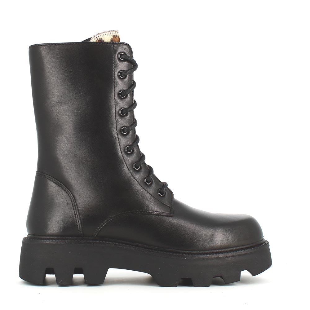 Cinders Edit Laced Military Boot Black Leopard