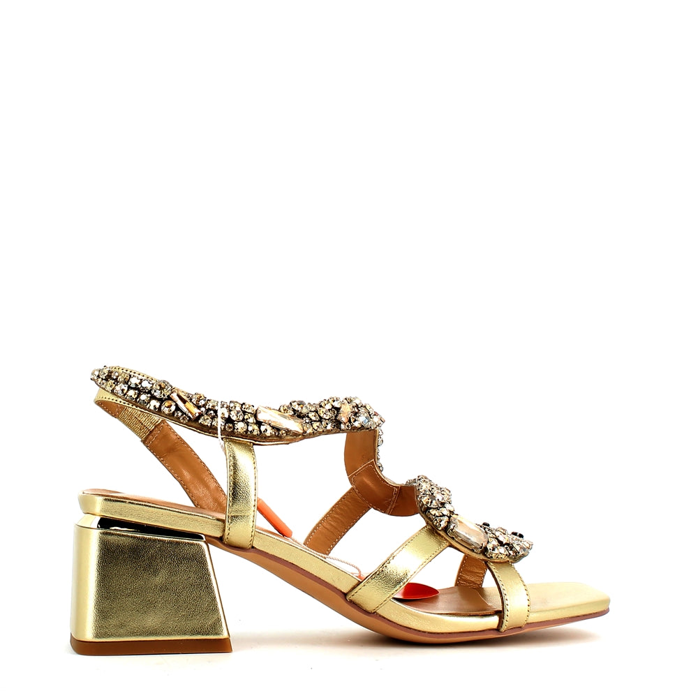 Alma En Pena Block Heel Sandal Gold Crystal – Cinders Shoe Heaven