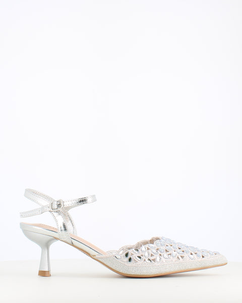 Cinders Edit Kitten Ankle Strap Silver
