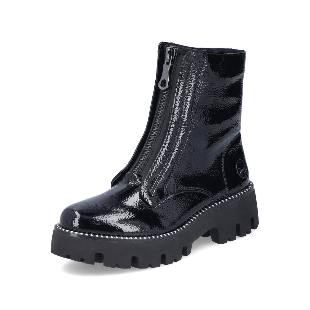 Rieker Front Zipper Chunky Ankle Boot Black Patent