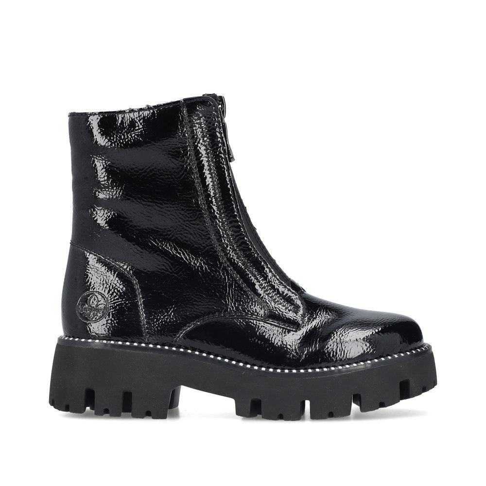 Rieker Front Zipper Chunky Ankle Boot Black Patent