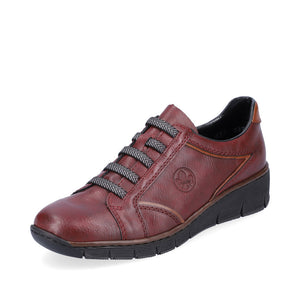 Rieker Low Wedge Shoe with Elasticated Laces Wine