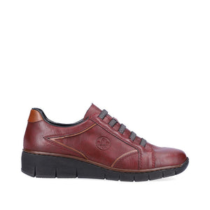 Rieker Low Wedge Shoe with Elasticated Laces Wine